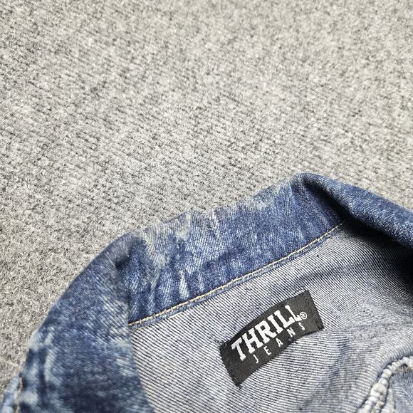 Thrill Jeans Denim Jacket Dress Medium Distressed Destroyed Button Front Frayed - Picture 6 of 10